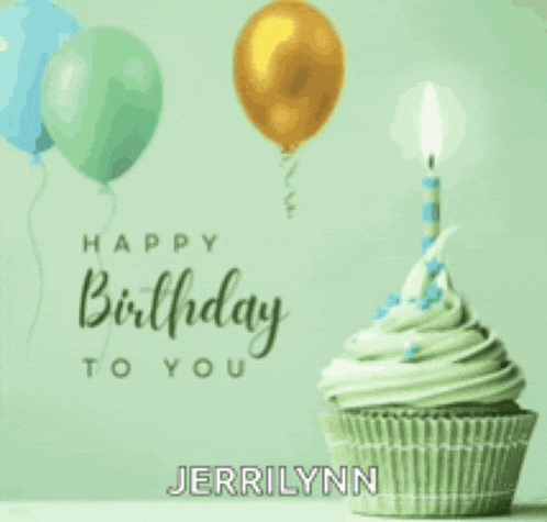 a birthday card with a cupcake , balloons , and a candle .