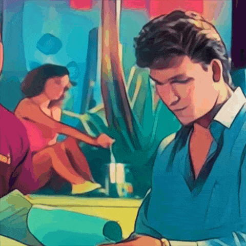 a man in a blue shirt is sitting in front of a woman in a pink dress