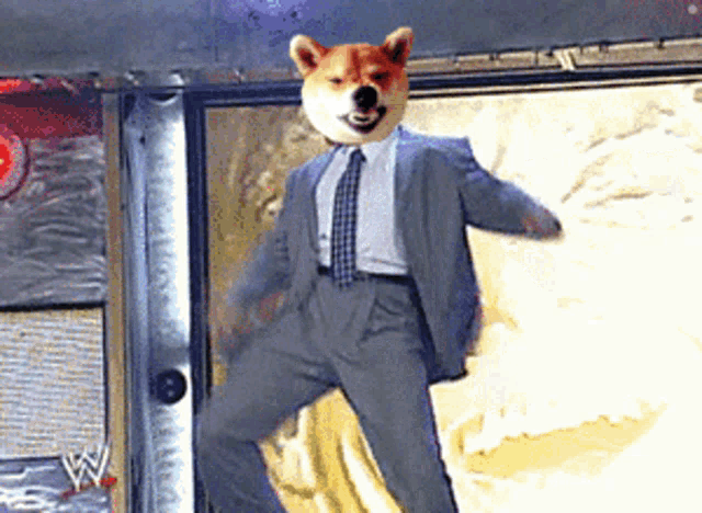 a dog wearing a suit and tie is standing in front of a w logo