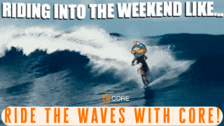 a person on a motorcycle in the ocean with the words " riding into the weekend like ride the waves with core "