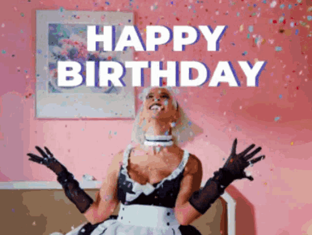 a woman dressed as a maid is celebrating her birthday with confetti falling around her