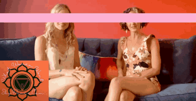 two women are sitting on a couch with a pink stripe between them and a logo for a yoga studio