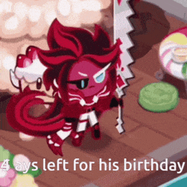 a cartoon character is holding a sword and the words 4 days left for his birthday