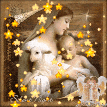 a picture of a woman holding a baby and a sheep with the words silent night on the bottom