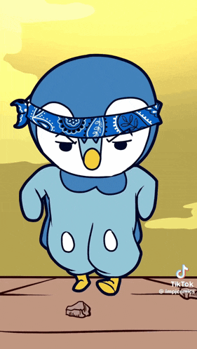 a cartoon penguin wearing a bandana on its head