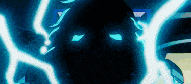 a close up of a person 's face with glowing eyes and lightning coming out of it .