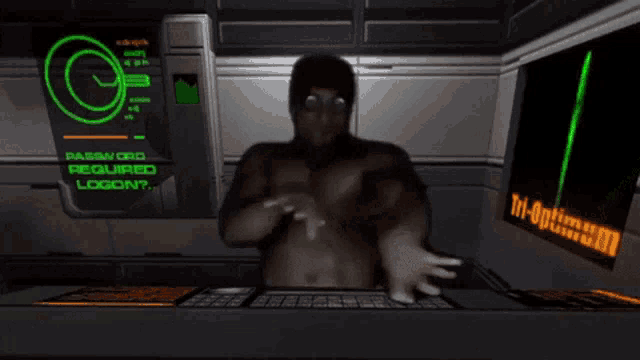a man is standing in front of a screen that says password required logon