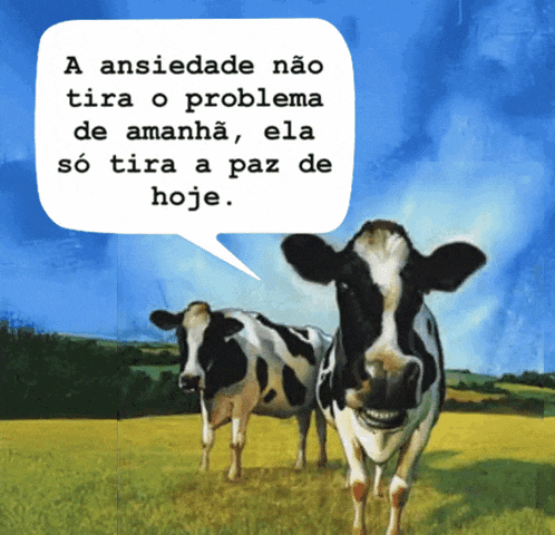two cows standing in a field with a speech bubble that says a ansiedade nao tira o problema de amanha
