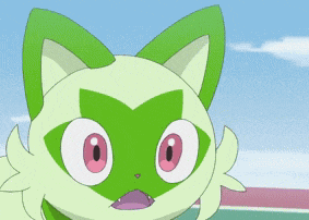 a green and white cat with pink eyes and a purple mouth