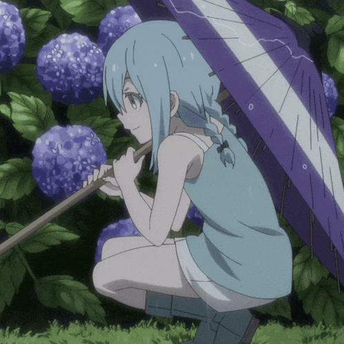 a girl with blue hair holds a purple and white umbrella
