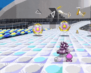a video game is being played with a purple character on a kart