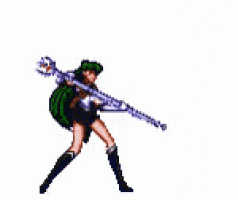 a pixel art of a woman with green hair holding a sword and a tornado coming out of her hand .