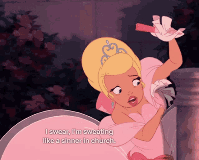 a woman in a pink dress says i swear i 'm sweating like a sinner