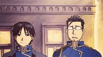 two anime characters are standing next to each other in front of a building . one of the characters is wearing glasses .