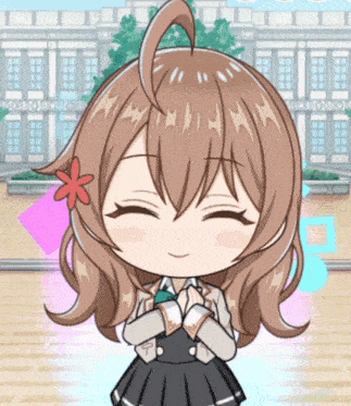 a cartoon girl with a flower in her hair is smiling with her eyes closed