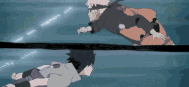 naruto and sasuke are fighting each other in the water in a cartoon .