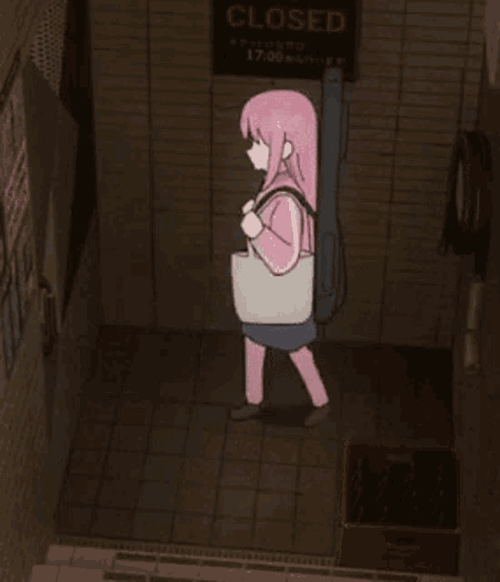 a cartoon girl is walking down a hallway with a closed sign on the wall behind her .
