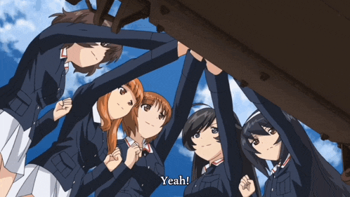 a group of anime girls are standing in a circle and one of them says " yeah "