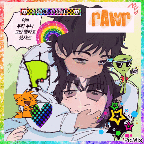 a drawing of a man holding another man with pawr written on the top