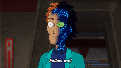 a cartoon character with a green eye and the words follow me below him