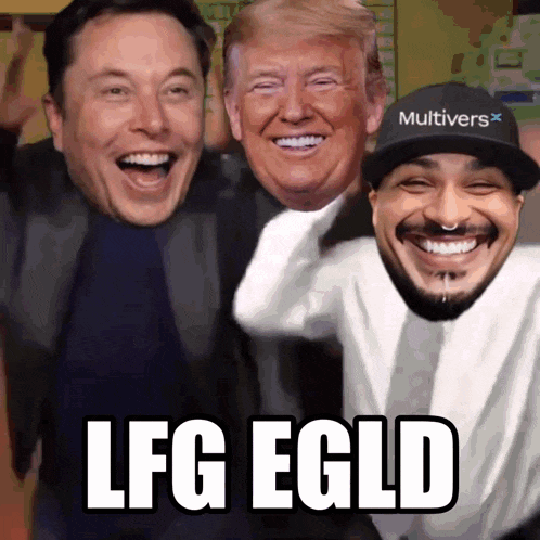 elon musk donald trump and a man with a hat that says multiversx