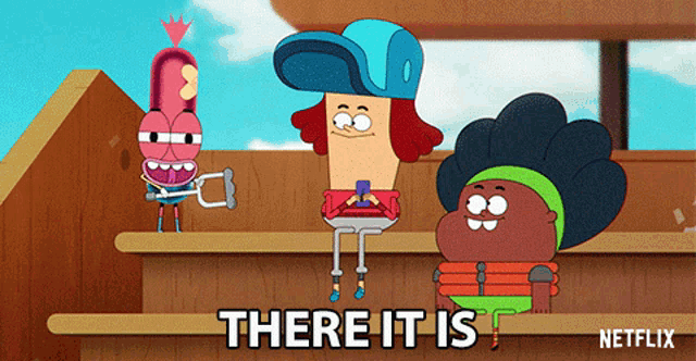 three cartoon characters are sitting on a wooden shelf with the words " there it is " written below them