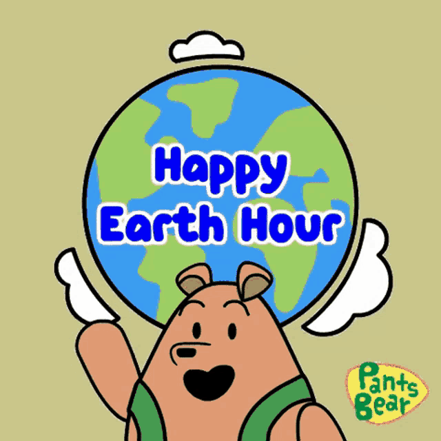 a cartoon of a bear holding a globe that says happy earth hour on it