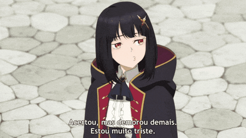 a girl with black hair and red eyes says acertou mas demorou demais estou muito triste