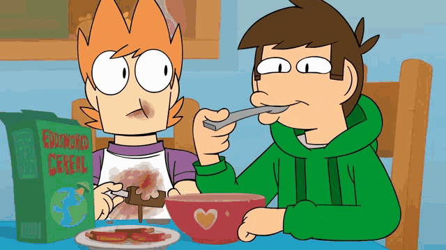 two cartoon characters are sitting at a table eating cereal from a bowl