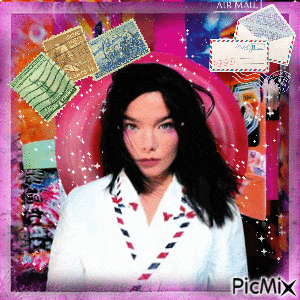 a picture of a woman surrounded by postage stamps and envelopes with the word picmix at the bottom