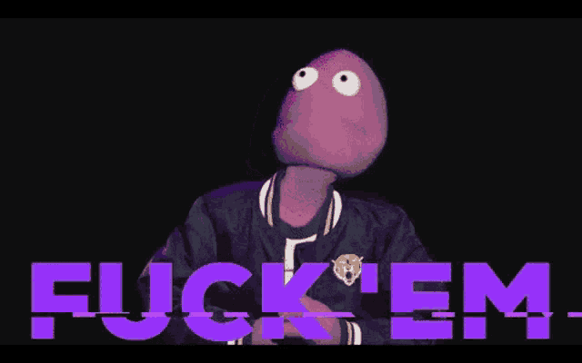 a purple puppet is standing in front of a sign that says fuck em