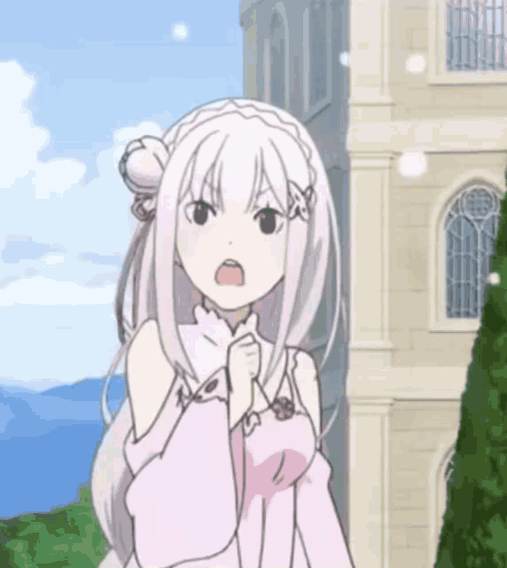 a girl with white hair is standing in front of a building with her mouth open