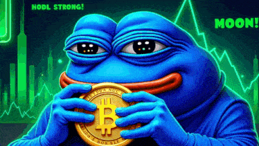 a blue frog is holding a bitcoin in its mouth .