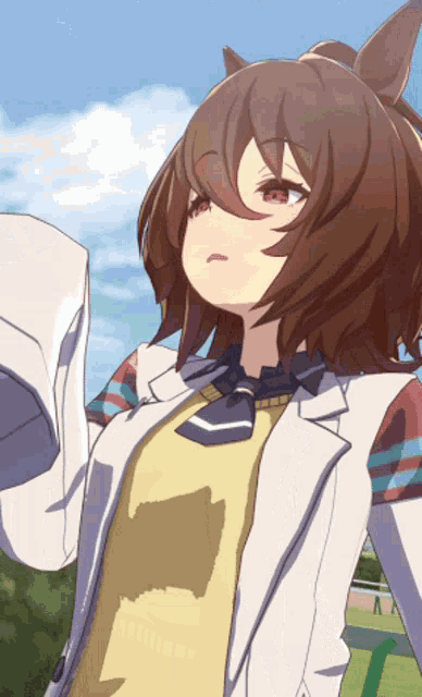 a girl with brown hair and red eyes is wearing a white coat and tie