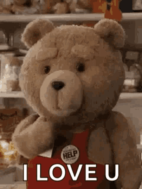a teddy bear wearing a red apron is standing in front of a shelf and says `` i love u '' .