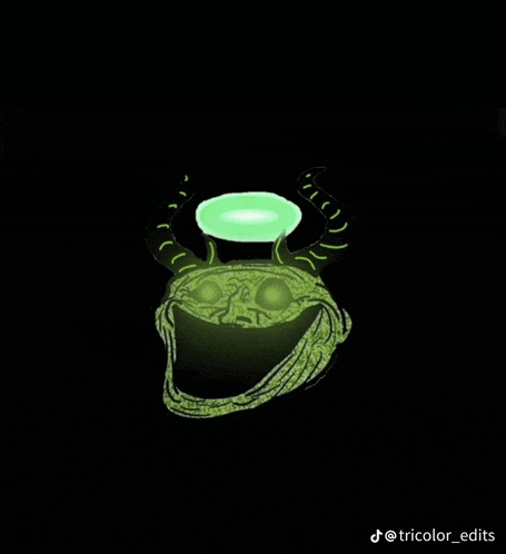 a troll face with horns and a green object on top