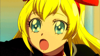 a girl with yellow hair and blue eyes is wearing a red bow on her head