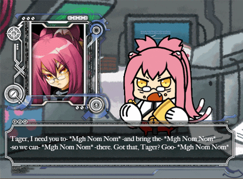 a cartoon of a girl talking to another girl with the words " mgh nom nom " at the bottom