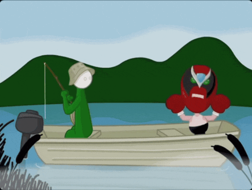 a cartoon of a man fishing and a man in a boxing costume