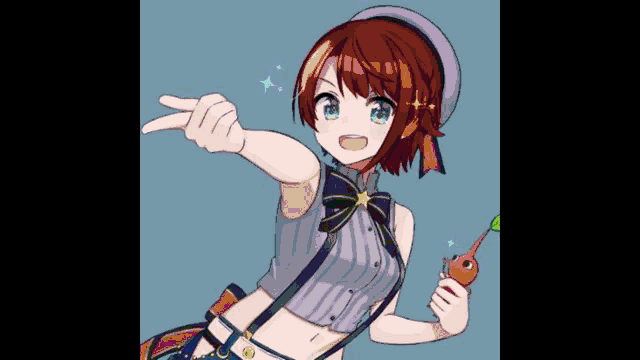 a drawing of a girl with red hair and blue eyes pointing at something
