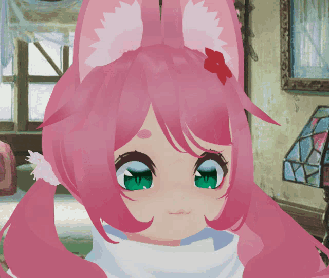 a girl with pink hair and green eyes