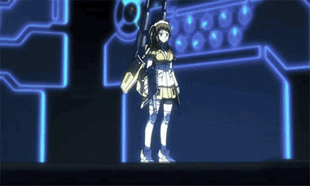 a girl in a maid outfit is holding a gun and smiling