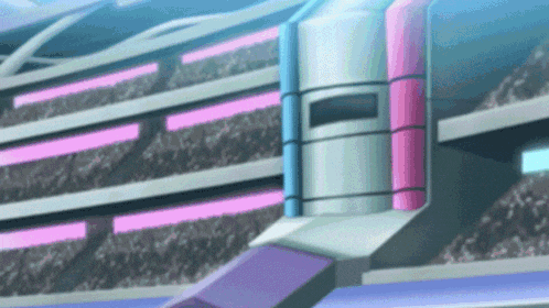 a futuristic looking building with a pink and blue stripe on the side