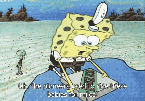spongebob says oh the pioneers used to ride these babies for miles in a cartoon
