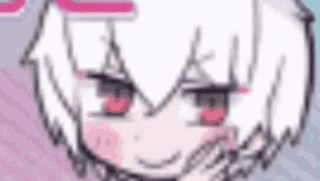 a close up of a cartoon character 's face with white hair and red eyes .