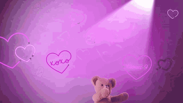 a teddy bear stands in front of a purple background with hearts that say xoxo