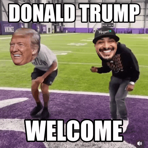 two men on a football field with the words donald trump welcome