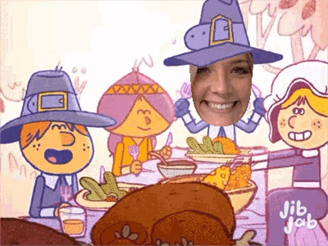 a cartoon of pilgrims having a thanksgiving dinner with jib yab written on the bottom