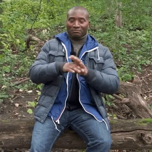 a man in a blue jacket is sitting on a log