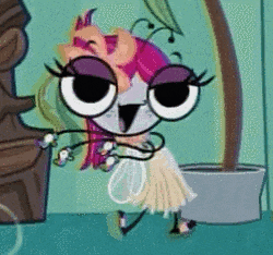a cartoon character with pink hair and glasses is standing in front of a plant .